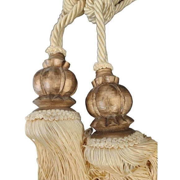 Elegant Beige Curtain Tiebacks With Wooden Crown Bead with Tassel Ends & Rope Lo - Picture 3 of 8
